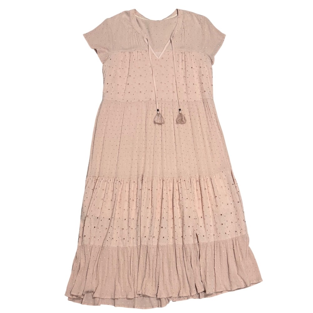 Kate & Sam‎ Midi Dress Womens Large Pink Excellent Boho Eyelet Tiered Tassel Tie